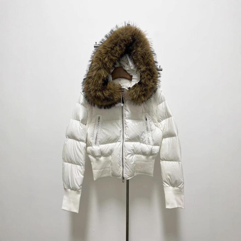 Women's Black Slim-Fit Down Coat with Detachable Fur Collar
