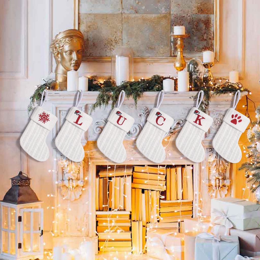 Cross-Border White Knitted Christmas Stocking with Letter Embroidery – Decorative Gift Bag Ornament.