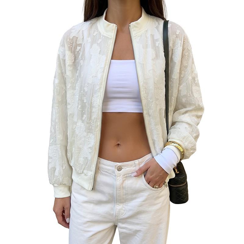 Womens Lightweight Sheer Jacquard Zip-Up Baseball Jacket Fall Winter 2026 Soft Elegant Loose Fit Long Sleeve