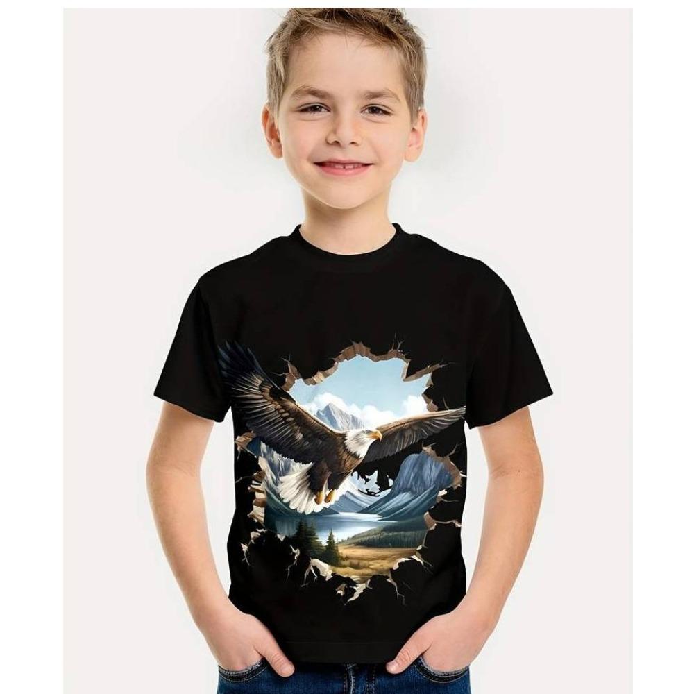 Boys' Short-Sleeved 3D Digital Print Casual T-Shirt with Eagle Design