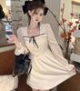 Rochie de primăvară dulce cu mânecă lungă femei stil coreean cu guler pătrat Rochii albe de petrecere de toamnă