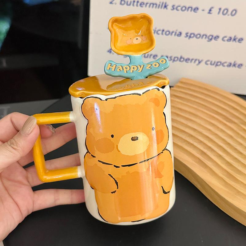 Cute Cartoon Three-Dimensional Bear Rabbit Ceramic Mug With Lid Spoon High-Value Office Coffee Cup Souvenir