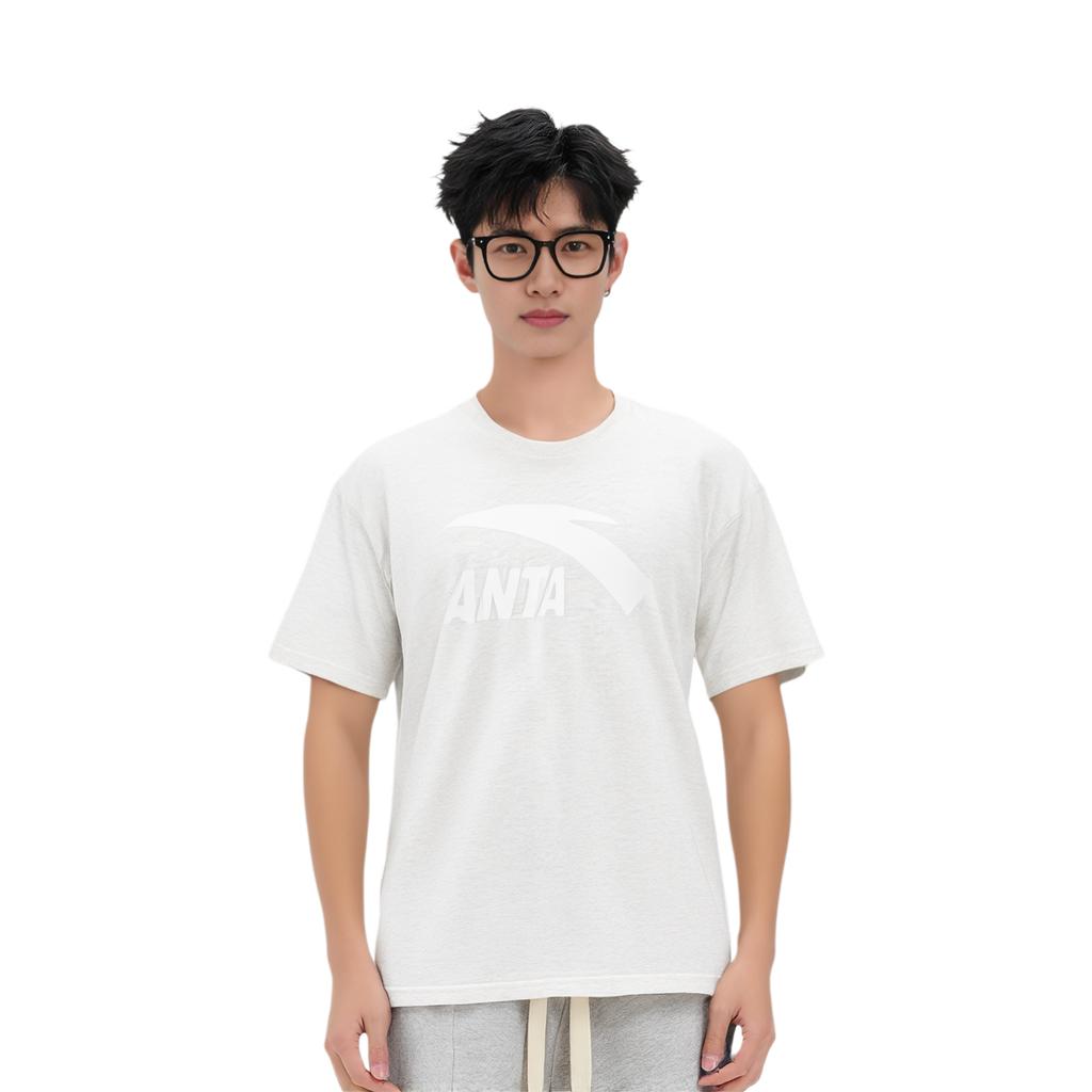 Anta Comfortable Breathable Versatile Round Neck Letter Short Sleeve T-Shirt Men Tops Gray Flower-Gray 952528112-5