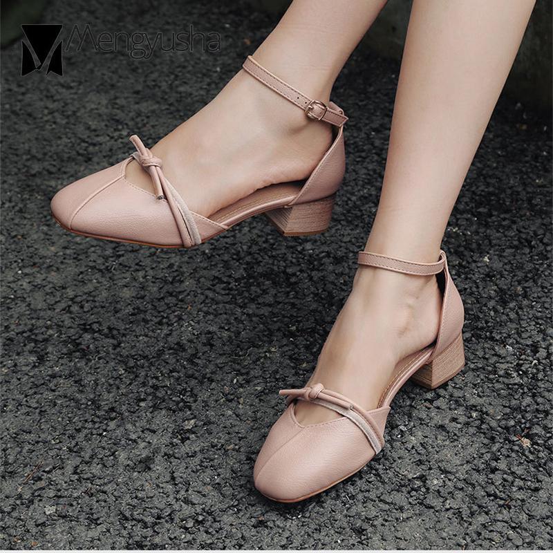 Fashion Fairy Bowknot cover heels square toe women sandals wood thick med heels shoes women closed toe sandalias large size 34-43