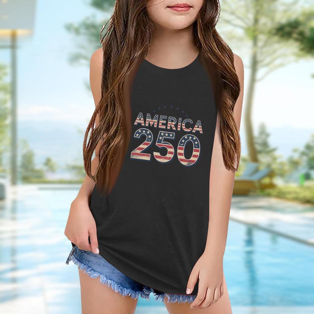 Girls  Kids Summer Crewneck Sleeveless Shirts Tank Tops Independence Day