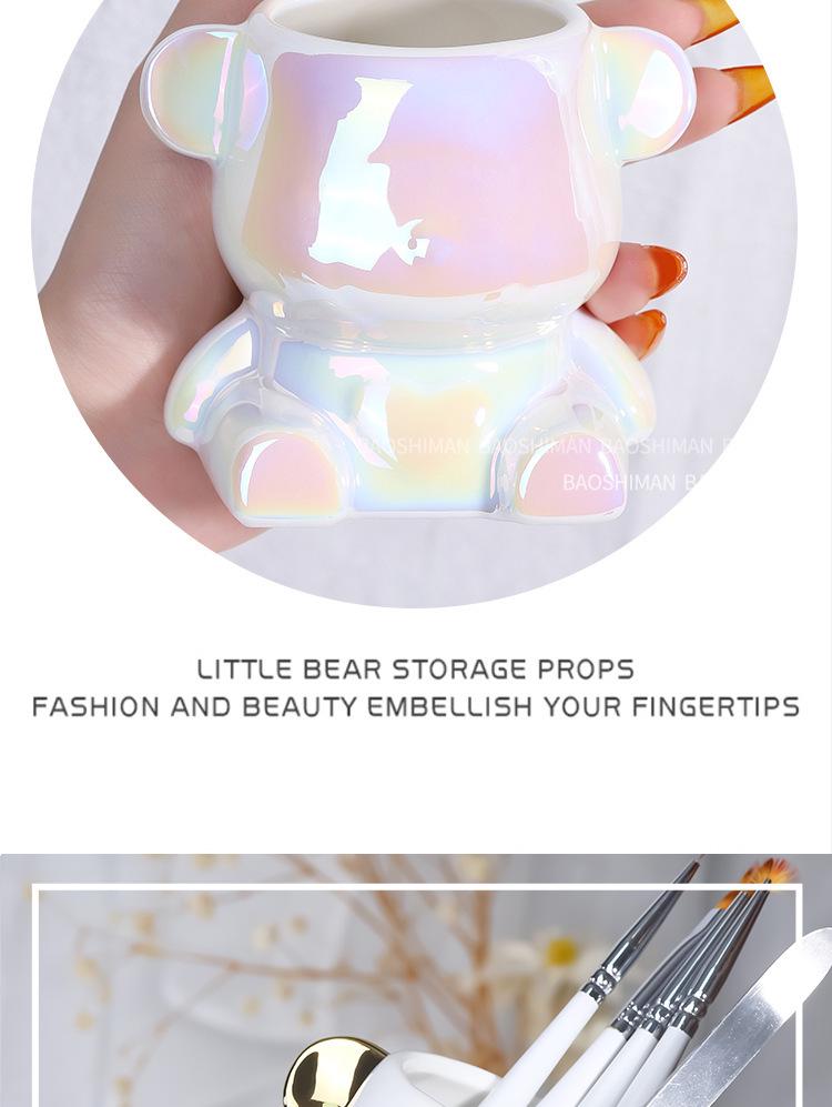 Trendy Bear Pen & Brush Holder with Sandpaper Storage for Manicure Tools – Desktop Organizer & Photo Prop