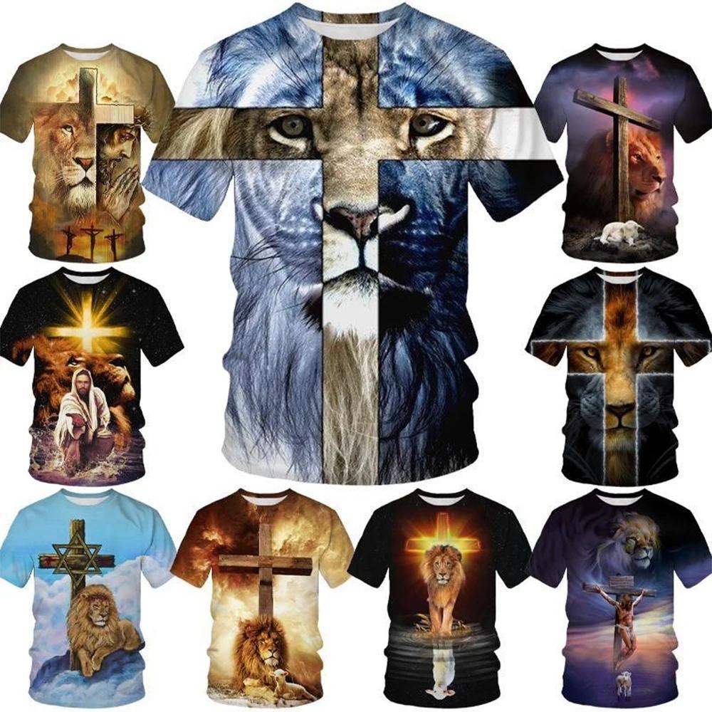 

Summer fashion creative design cross lion 3D printing personalized Christian art T-shirt 6XL
