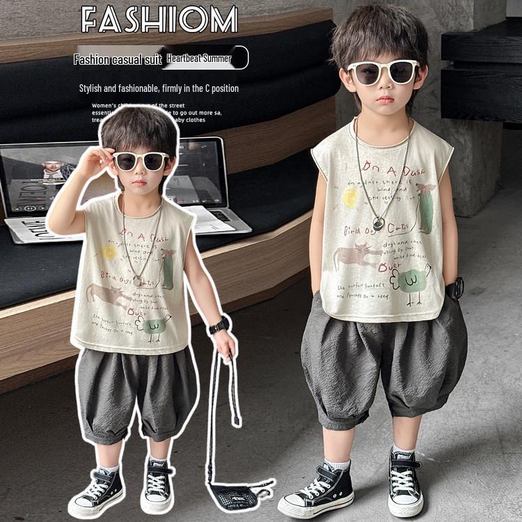 2026 Boys' Summer Outfit: Hand-Painted Animal Print Sleeveless Vest & Gauze Lantern Pants for Toddlers and Young Children