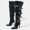 Pesstwei Fashion Design Narrow Band Buckle Strap Pointed Toe Woman Over The Knee Long Boots Stiletto High Heels Shoes Size 42