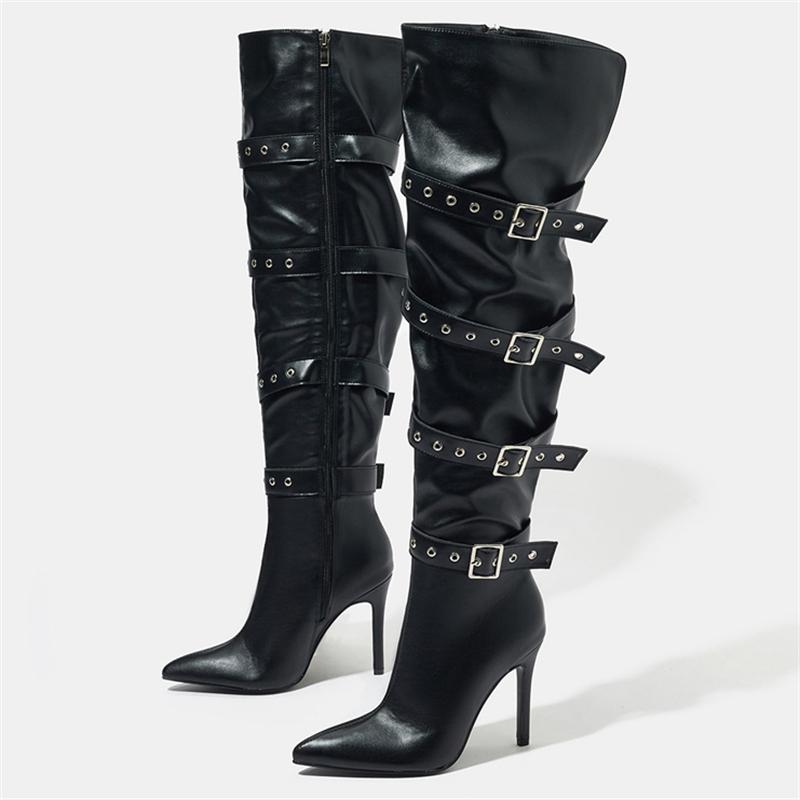 Pesstwei Fashion Design Narrow Band Buckle Strap Pointed Toe Woman Over The Knee Long Boots Stiletto High Heels Shoes Size 42