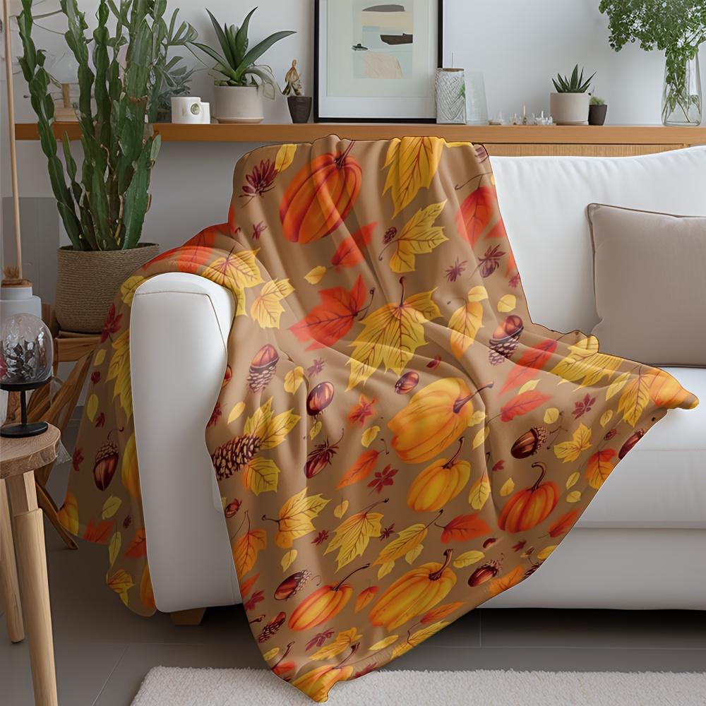 1 Autumn Pumpkin Maple Pinecone Acorn Print Blanket, Warm and Cozy Soft Throw for Sofa Bed Car Office Camping Travel, All-Season