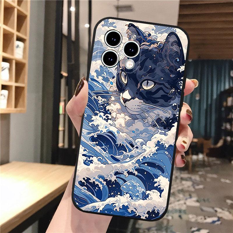 Phone Case Carcasa Funda For iPhone 17 Pro Max 17 Air 16 15 14 13 Pro Max 15 16 Pro 15Plus Art Black Cat Wave Van Gogh