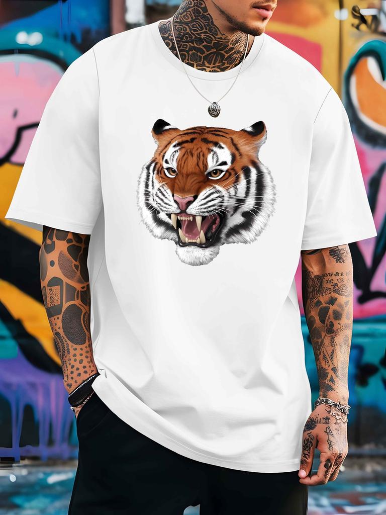 Unisex Red Oversized Tee Realistic Roaring Tiger Print Soft Cotton Short Sleeve Crewneck Streetwear Summer Daily Male Casual Top