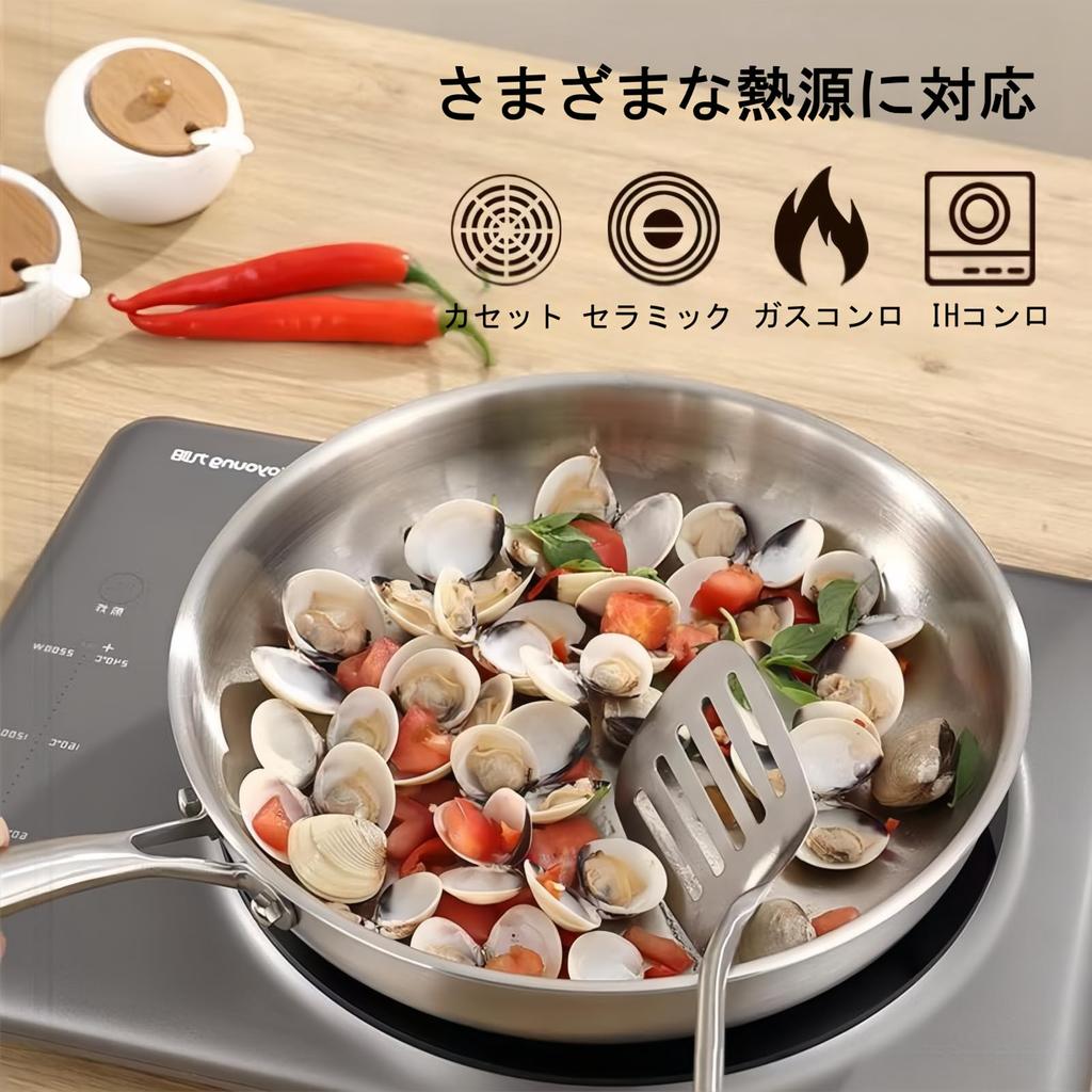buuyyaa 316 Stainless Steel Frying Pan 24cm, Gas & Induction Compatible, Ergonomic Handle, Oven Safe, Dishwasher Safe, Home Use, Silver