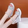 New Wedge Heel Pearl Diamond New Year's Sandals One-word Buckle Open-toe Casual Sandals
