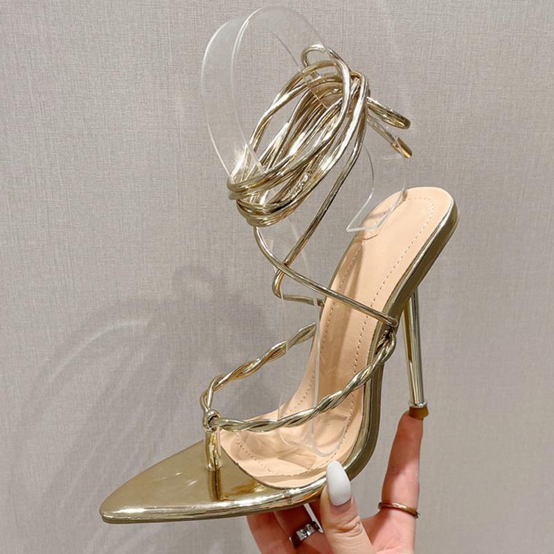 Womens Fashion Strappy Heels Gladiator Sandals Sexy Pointed Toe Narrow Band Stiletto Lace -Up Party Wedding Shoes Red