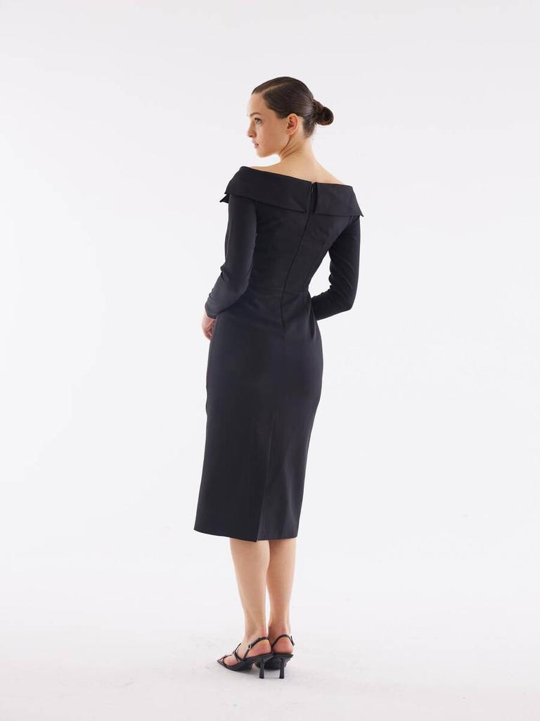 Boat Neck Button Detail Black Midi Dress