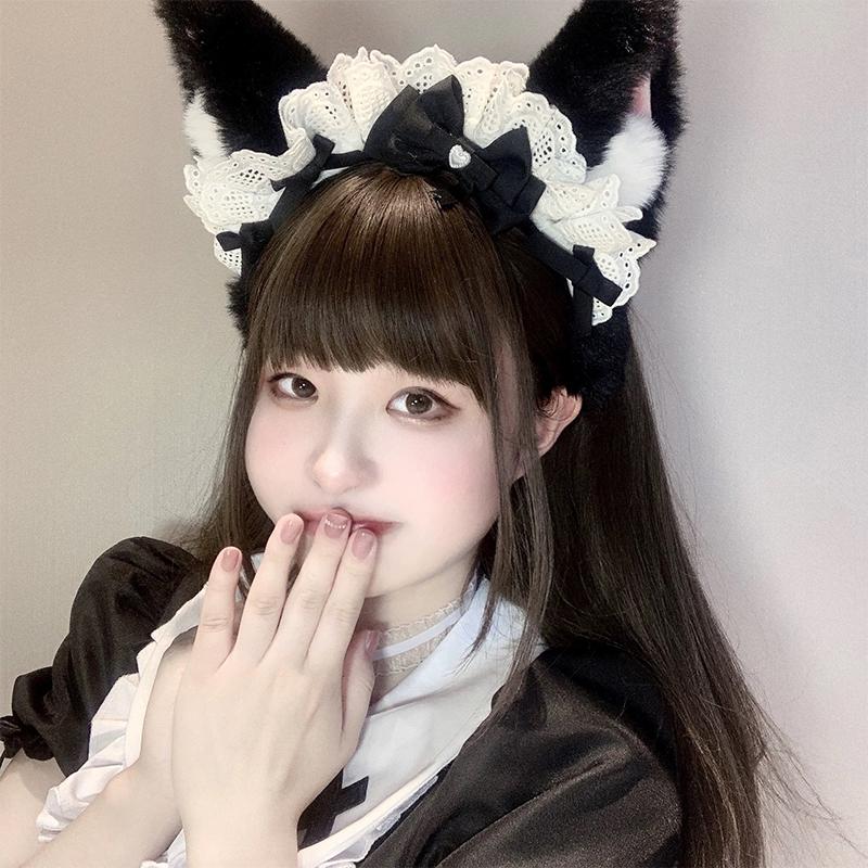 Süßes Plüsch-Ohren-Haarband Japanische Süße Spitze Schleife Lolita Stirnband Haarschmuck