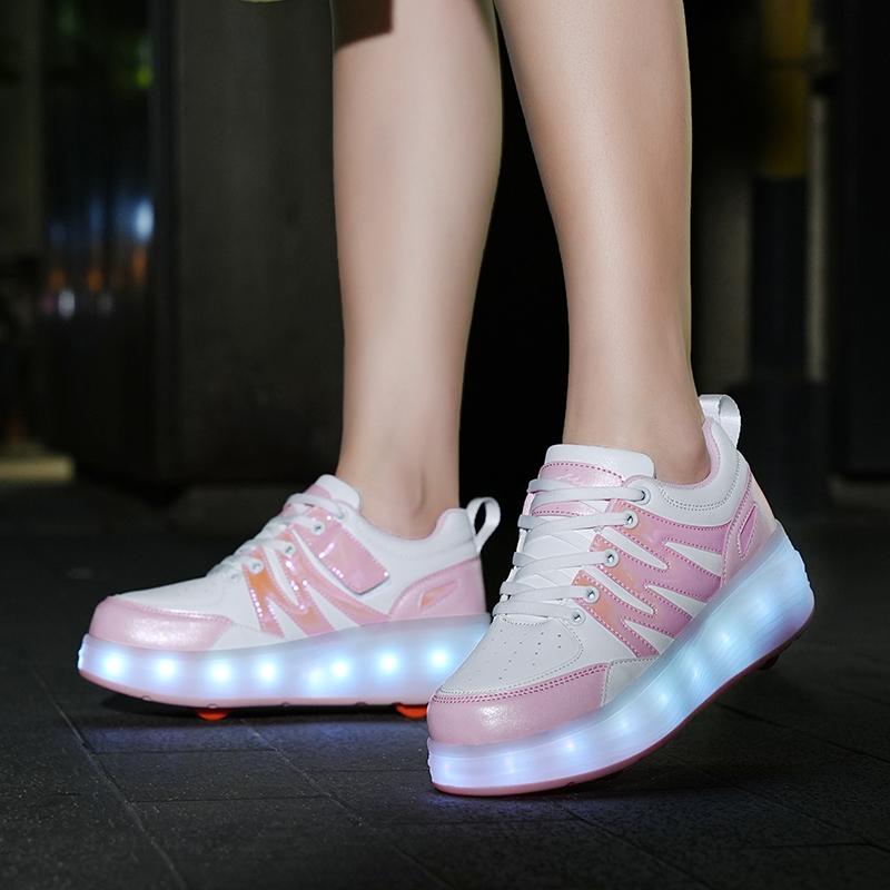 Kids Sneakers Led Light Shoes Children's Boys Girls USB Charging Glowing Sport Wheels Outdoor Parkour Roller Skate Shoes