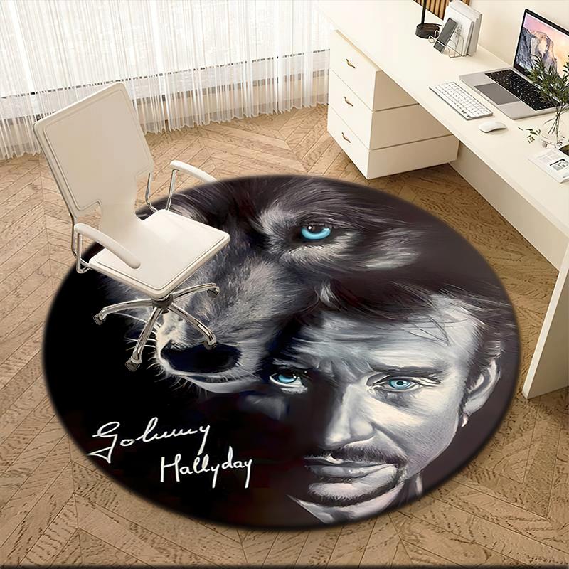 1pc Black and White Retro Johnny Hallyday Round Carpet Painted Printed Circular Carpet, Home Door Mat, Outdoor Travel Protection Carpet