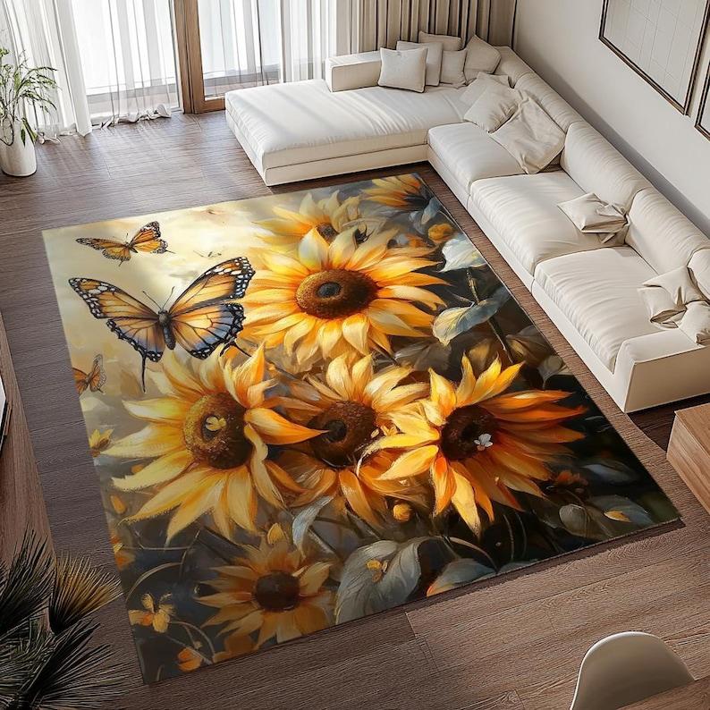 

unflower and Butterfly Print Kitchen Mat, Non-Slip Yellow Rectangular Low Pile Rug, Machine Washable Floor Mat for Front of Sink 50x80cm
