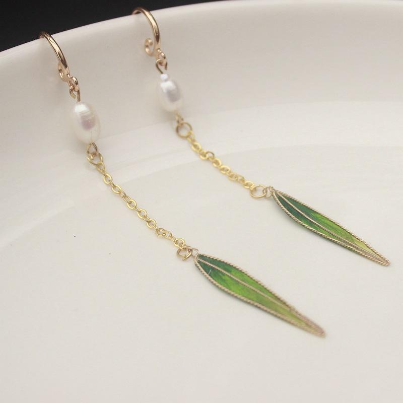 Intangible Cultural Heritage Filament Edelweiss Bamboo Leaf Green Fringed Earrings Retro Temperament Pearl Fashion Simple Wind Ear Jewelry