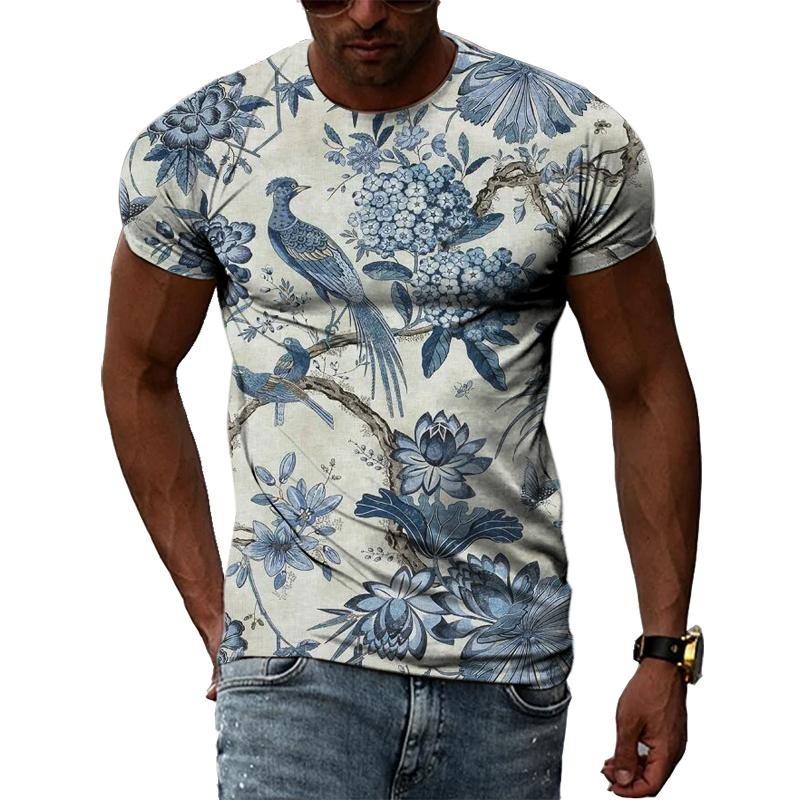 3D Vintage Rostlina Květina Potisk Ležérní Bohémský Styl Pánská Trička s Krátkým Rukávem - Měkká Středně Pružná Polyesterová Tkanina Letní Volný Střih Oblečení