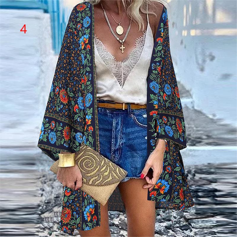 Summer Bohemian Casual Cloak Cardigan for Swimsuit Woman Beach Swimwear Tops Long Sleeved Shawl Chiffon Shirt