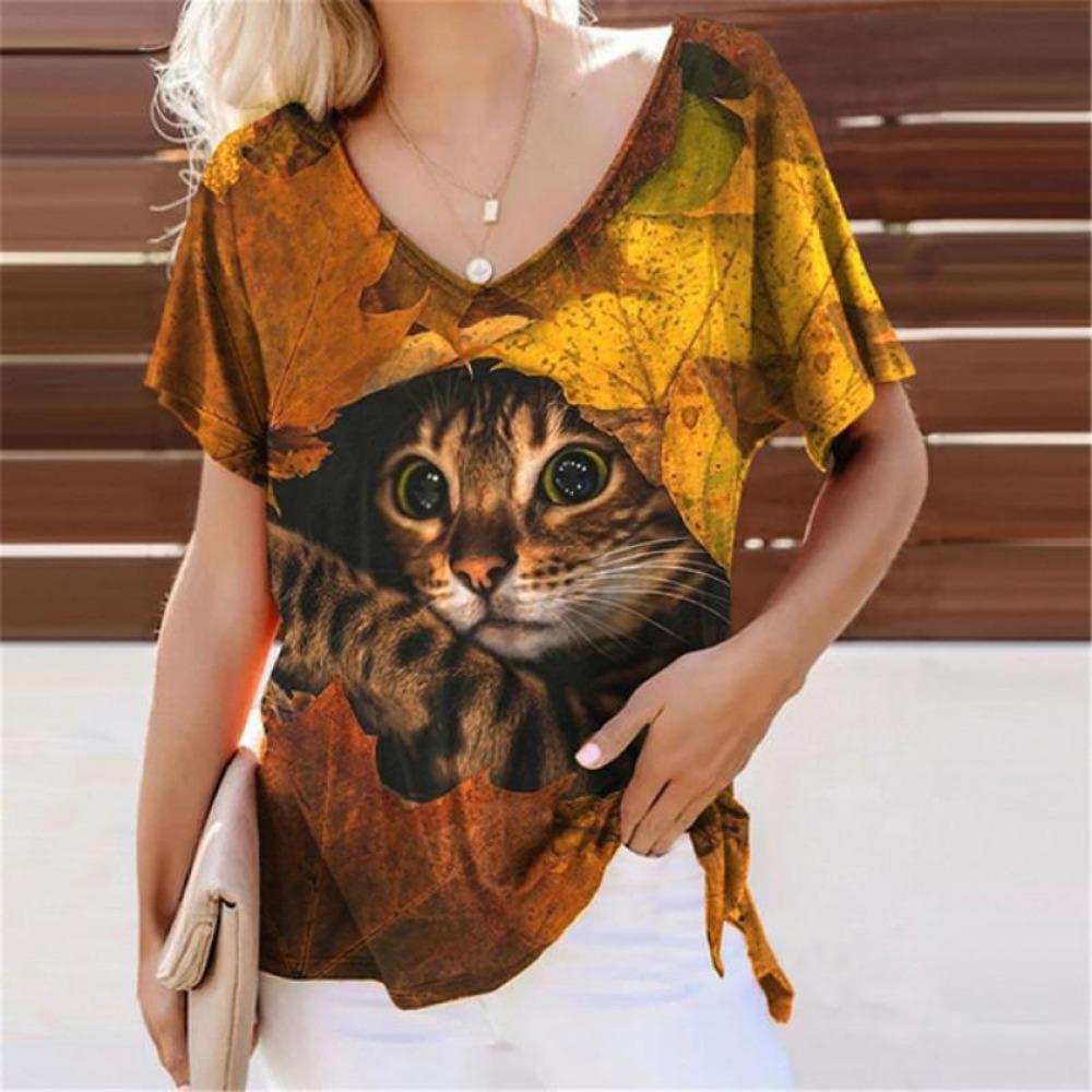 Summer Lovely Cat 3D Print T-Shirts Women Casual V-Neck Short Sleeve T Shirt Y2k Harajuku Animal Tees Loose Tops Female Clothing