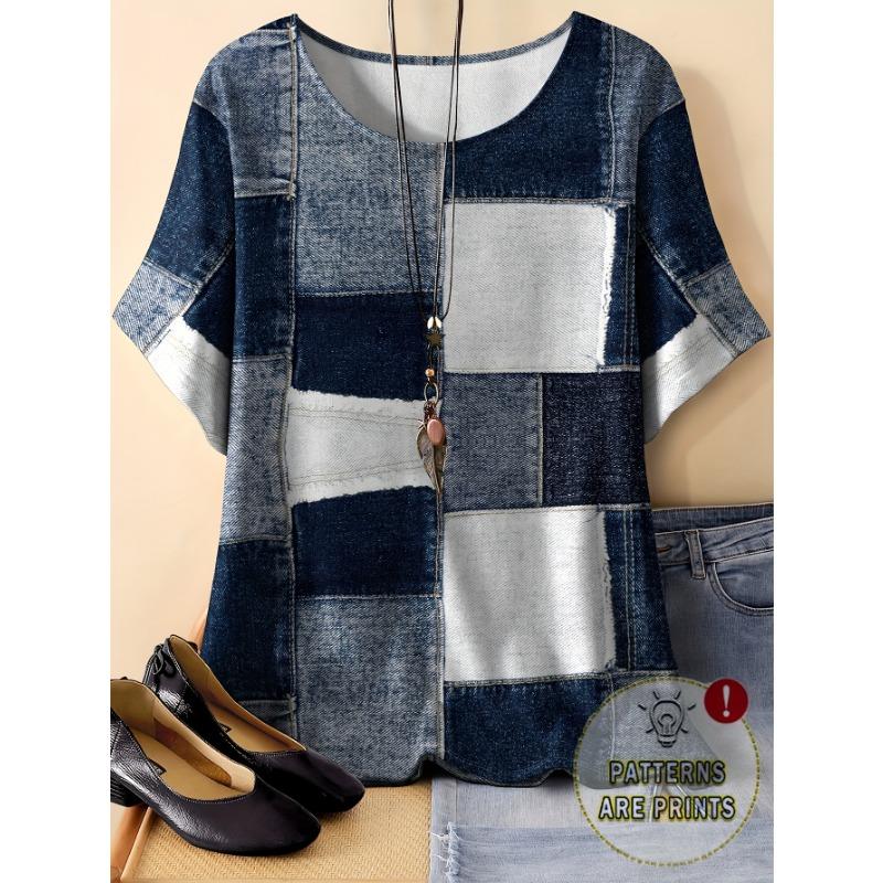 Women's Plus Size Faux Denim Patchwork Printed Short Sleeve Round Neck Casual T-Shirt No Accessories Accessories Not Included