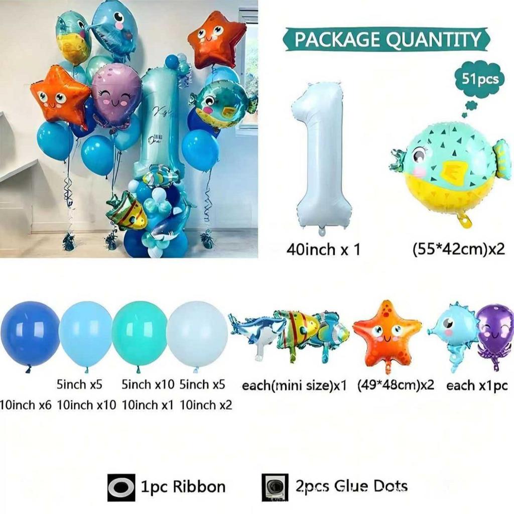 Zestaw Cyfrowych Balonów z Folii Aluminiowej o Motywie Morskim do Dekoracji Pierwszych Urodzin Dziecka