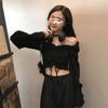 Black Sexy Drawstring Pleat Women Blouse Slash Neck Butterfly Sleeve Cropped Top Hotsweet Elastic Waist Summer Fashion Gothic