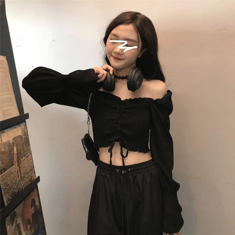 Black Sexy Drawstring Pleat Women Blouse Slash Neck Butterfly Sleeve Cropped Top Hotsweet Elastic Waist Summer Fashion Gothic