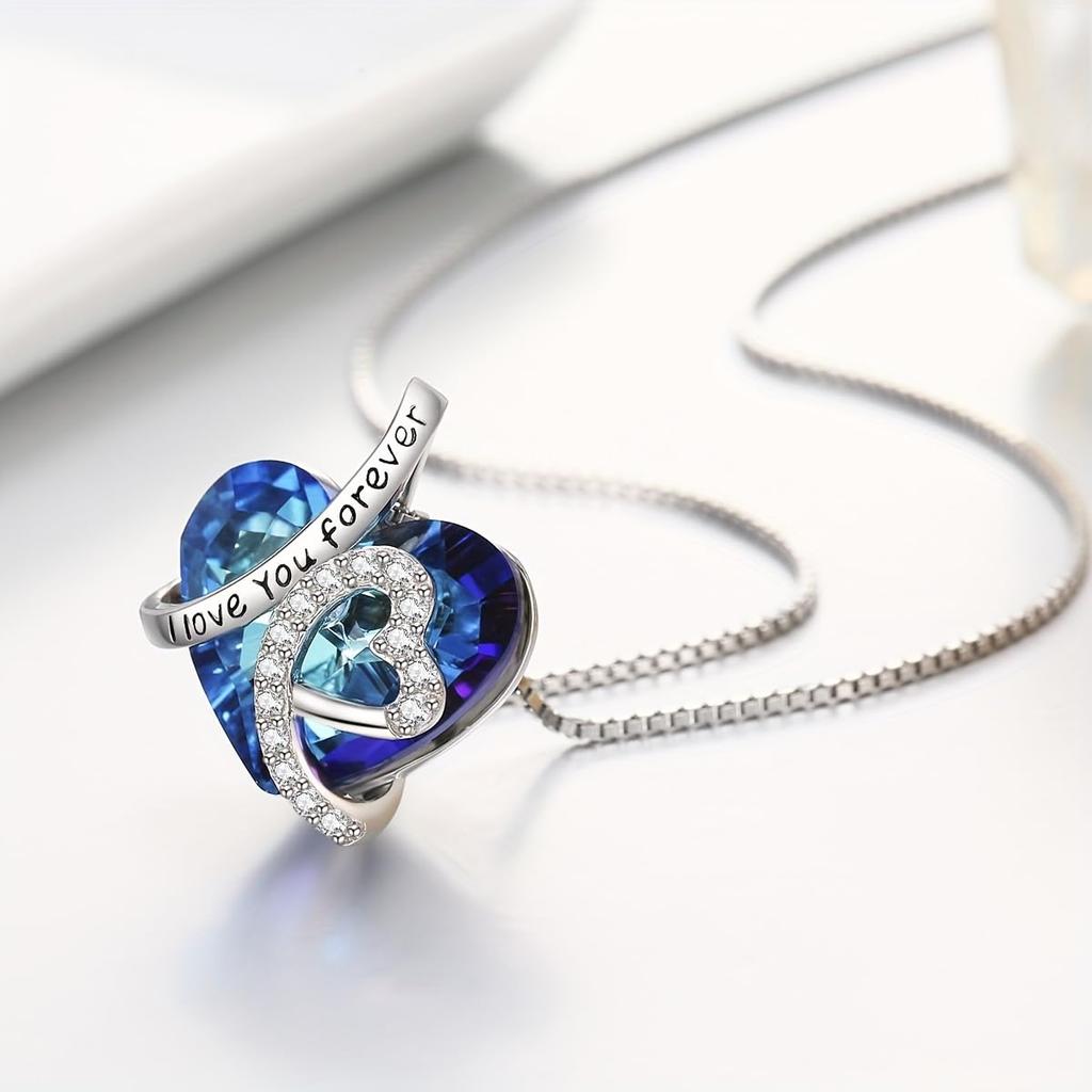 [Pinannie] 925 Sterling Silver Heart-Shaped Blue Crystal Necklace with "I Love You Forever" Engraving - Women's Pendant with Zirconia Decoration -