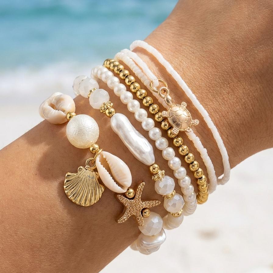 Boho Sea Turtle Starfish Cowrie Shell Charms Bracelet for Women Fashion Layered Pearl Beaded Bracelets Summer Beach Jewelry Gift