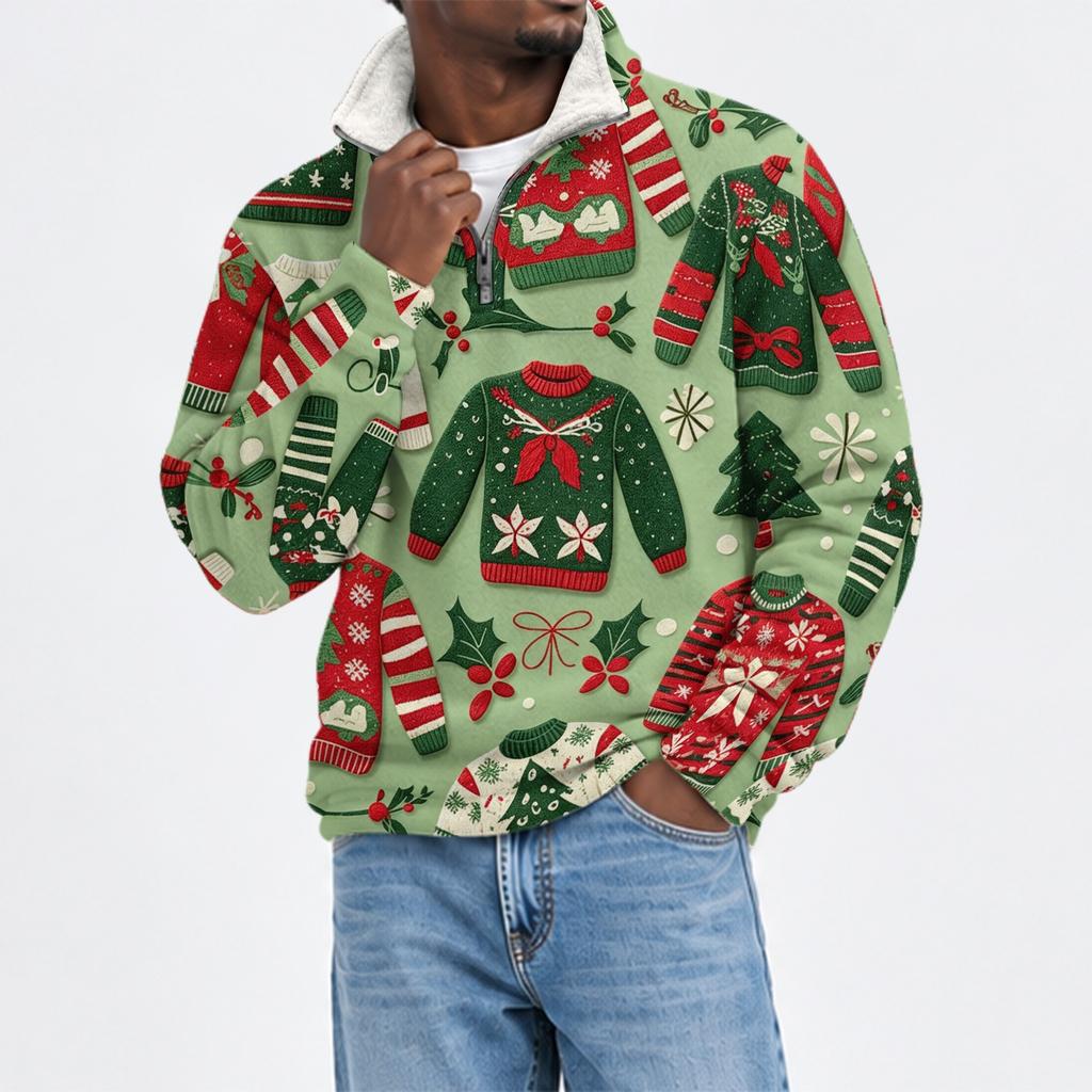 Herren Flanell Sweatshirt mit Stehkragen und Weihnachtsdruck für Freizeitkleidung an den Feiertagen