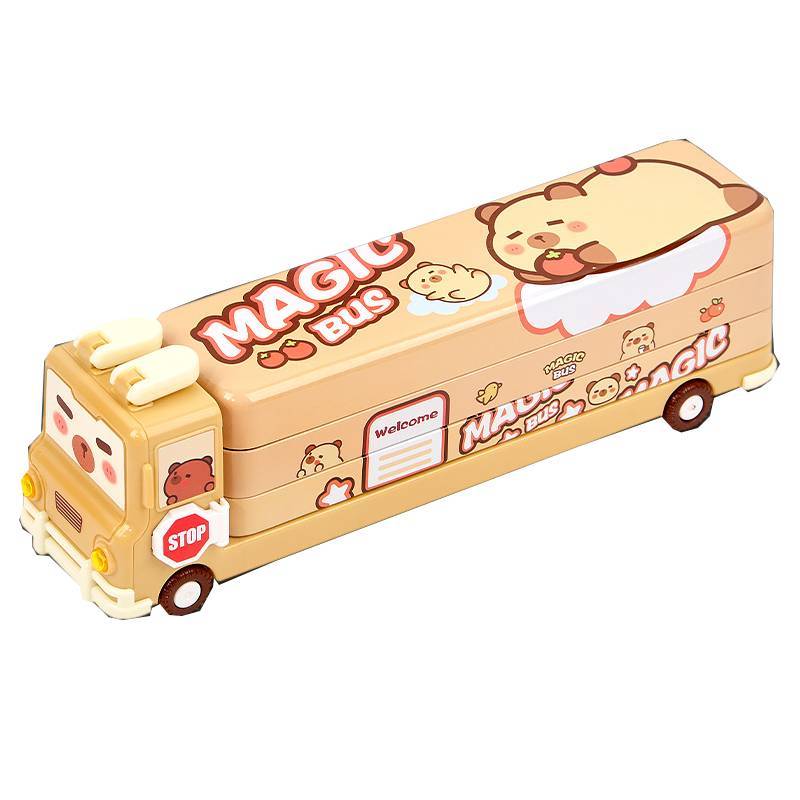 

Cartoon Capybara Large Capacity Iron Pencil Box With Three Layers For Students Storage темно-коричневого кольору