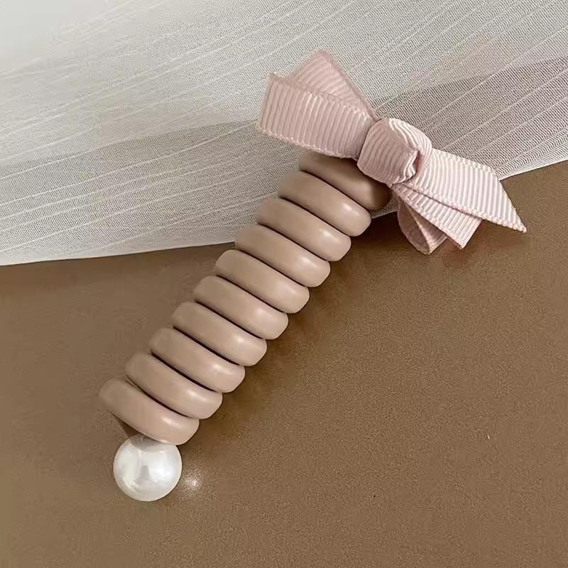 Bowknot Braided Telephone Wire Hair Bands,Spiral Hair Ties Phone Cord With Pearl,Waterproof High Elastic Rubber Hair Band