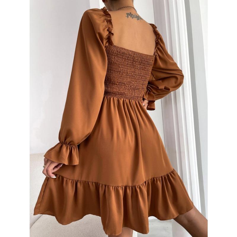 Women European Style Square Neck Ruffle Hem Long Sleeve Loose Casual Dress