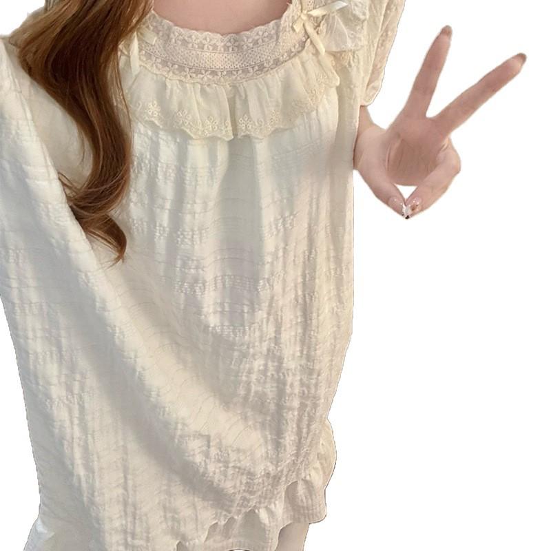 Women's Summer 2026 Cloud Cotton Nightgown with Bra Pads, Lace Trim, Short Sleeves, Long Length