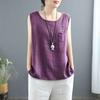 Women's Cotton and Linen Artistic Style Vest Women's Solid Color Patchwork Sleeveless Round Neck Shirt