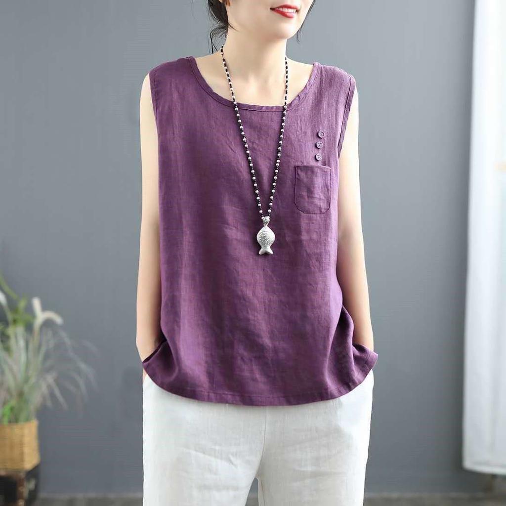 Women's Cotton and Linen Artistic Style Vest Women's Solid Color Patchwork Sleeveless Round Neck Shirt