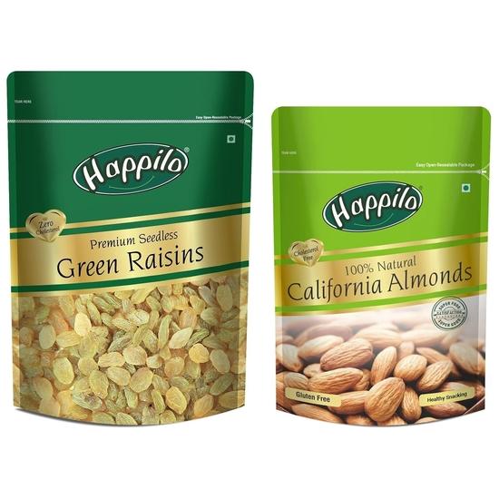 Happilo Premium Seedless Green Raisins, 250 grams & 100% Natural Premium Californian Almonds, 200 grams, Fresh
