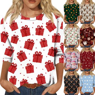 Moda feminina casual gola redonda manga 3/4 solta estampada camiseta feminina top