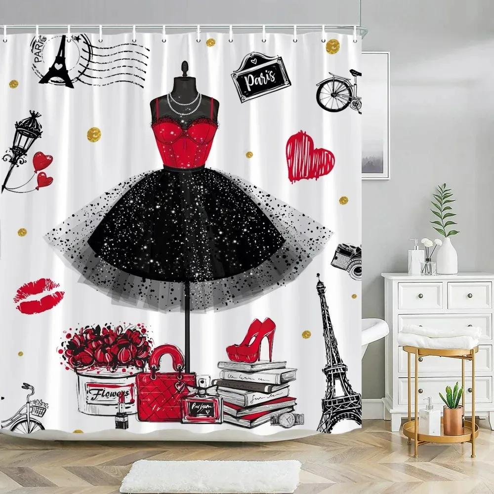 Pink Perfume High Heel Shower Curtain Set Black White Stripes Fashion Girl Woman Bathroom Decor Polyester Bathtub Curtains Hooks