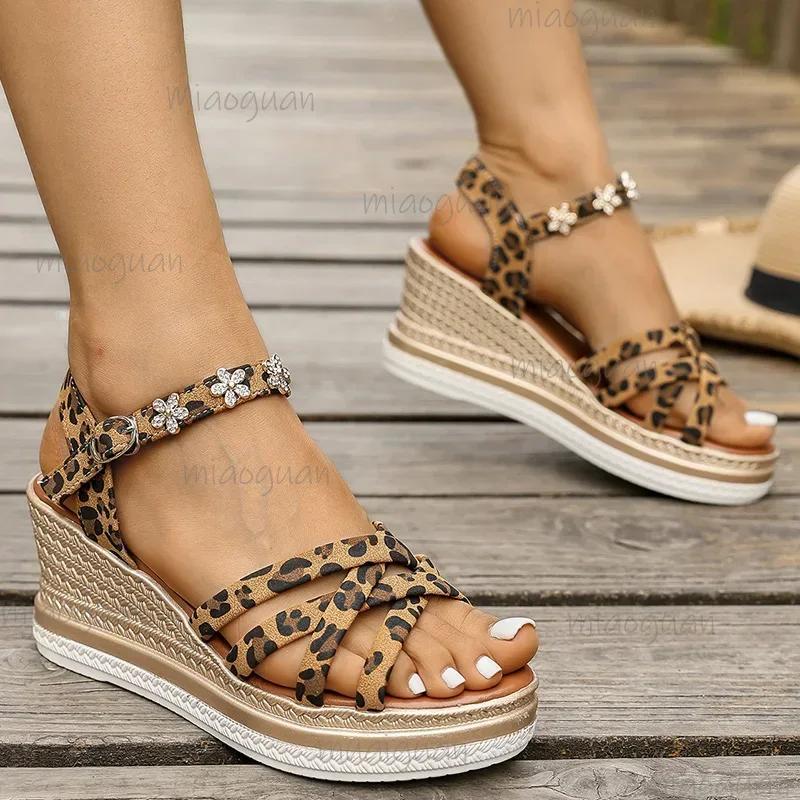 Fashion 2025 Leopard Print Wedge Heel Sandals Women Fashion Crystal Flowers Thick Bottom Sandalias Mujer High Heeled Platform Sandals 43