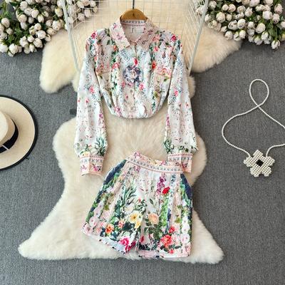 Summer European Style Print Runway Pant Outfits Women Lapel Tops Shirt+ Elegant Shorts Two Piece Set