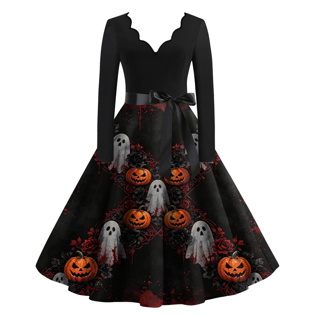 Women's Printed Maxi Dress for Halloween Theme Party, Costume Events and Night Out