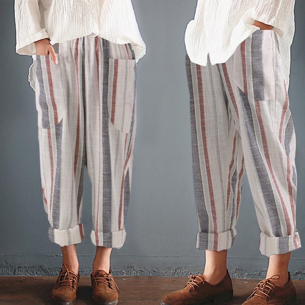 Buy Cotton Linen Harem Pants Women Summer High Waist Striped Pants