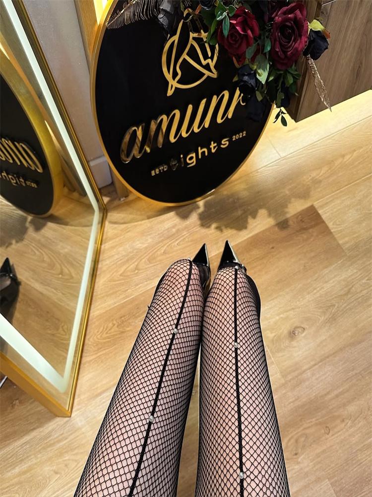 Sexy Crystal Line Fishnet Tights Women Bow Tie Patterned Tights Lace Fish Net Stockings High Waist Gothic Party Pantyhose